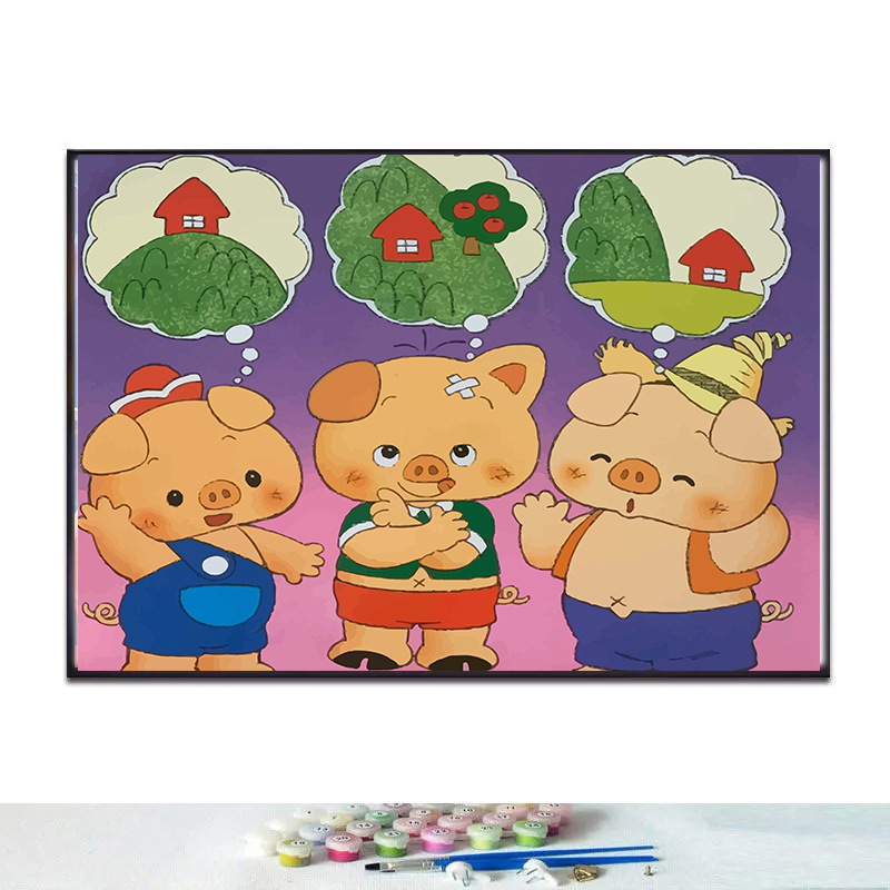 三只小猪diy数字油画龙猫手绘装饰画亲子互动卡通儿童客厅装饰画