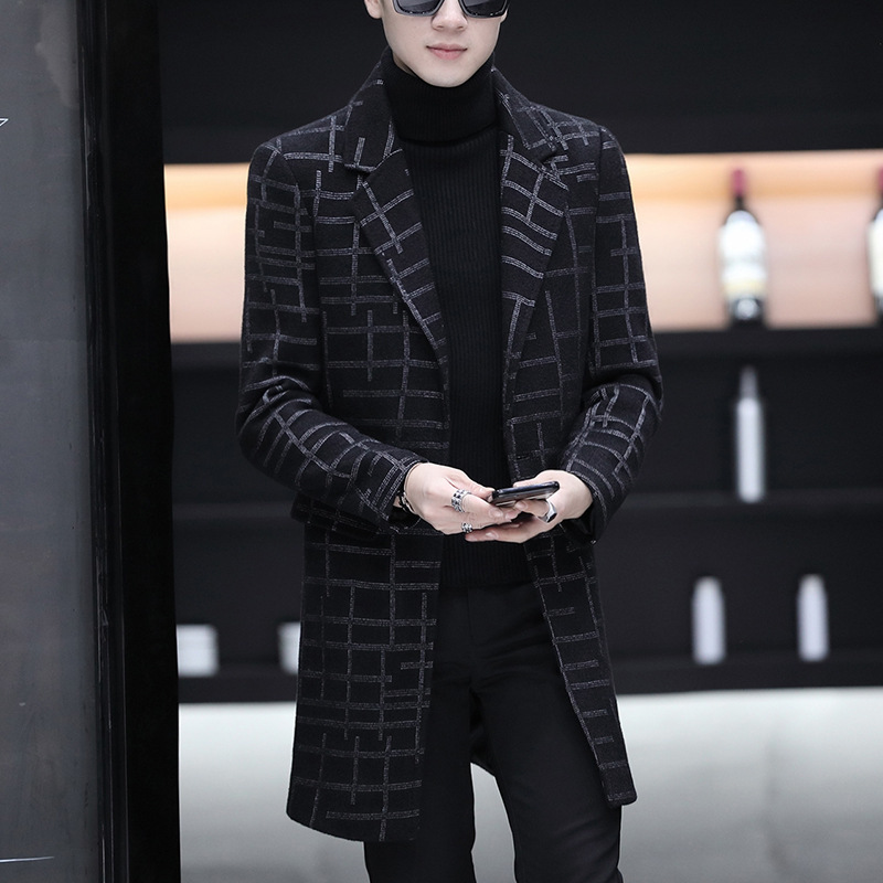 秋冬新款男士格子毛呢子大衣男加厚韩版冬季中长款黑色英伦外套男