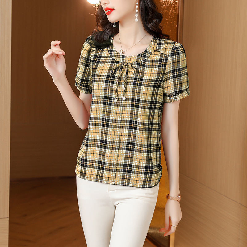 Spring and Summer Plaid Short-Sleeved T-shirt Women's Clothing 2023 New Beautiful Middle-Aged Mom Casual All-Matching Western Style Small Shirt Top