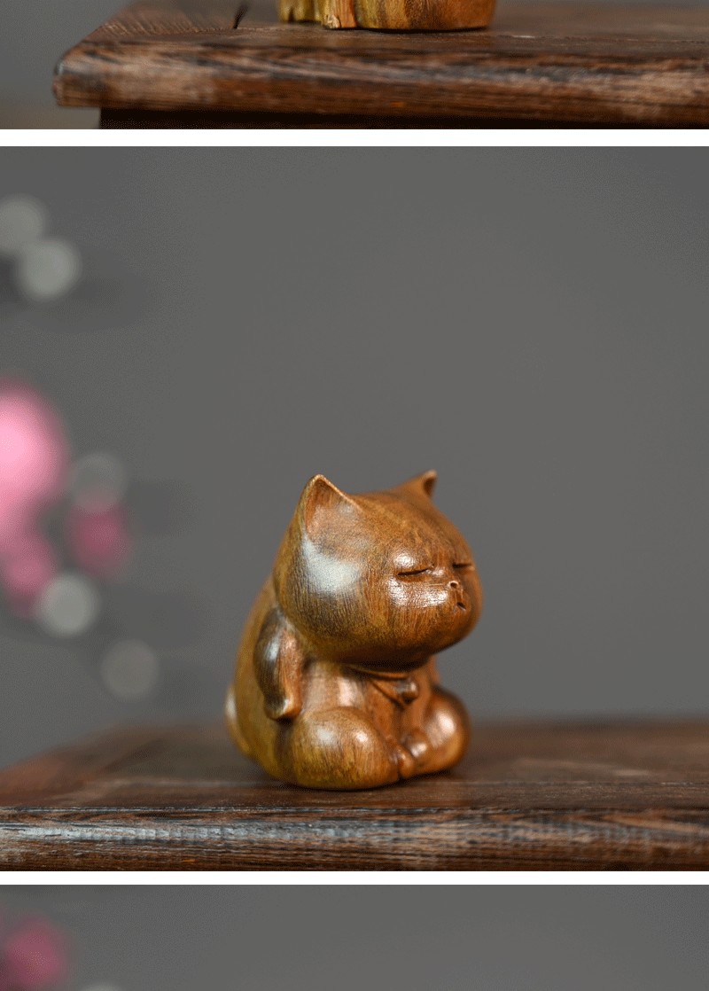 绿檀木雕刻小猫实木茶宠摆件可爱猫猫手把件家居装饰品木质工艺品