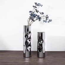 现代简约欧式圆柱夹扁造型玻璃花瓶花器摆件样板房售楼处软装饰品