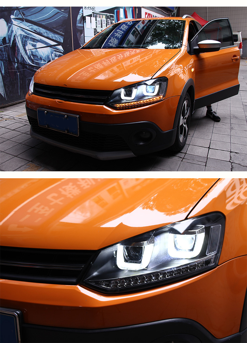 适用于大众11-18新波罗polo双u大灯总成改装led日行灯转向氙气灯