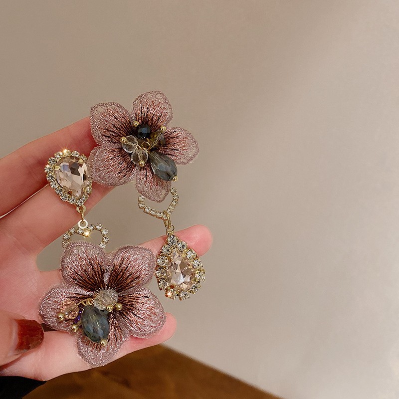 925 Silver Needle Tassel Flower Flower Fairy Style Earrings Female Pastoral Style Niche Handmade Exaggerated Earrings Female