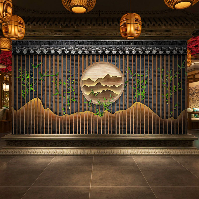 中式电视背景墙墙面古典木栅茶室装饰板书房前台餐厅竹木纤维板
