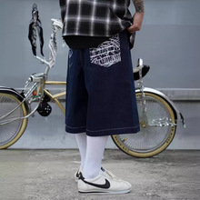 2024春季跨境速卖通新款美式复古重工刺绣牛仔短裤街头直筒滑板裤