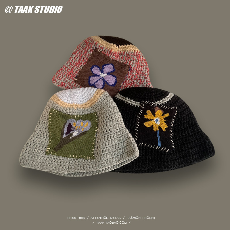 South Korea Ins Niche Designer Flowers Woolen Cap Children Autumn Winter Thermal Knitting Bucket Hat Trendy Couple