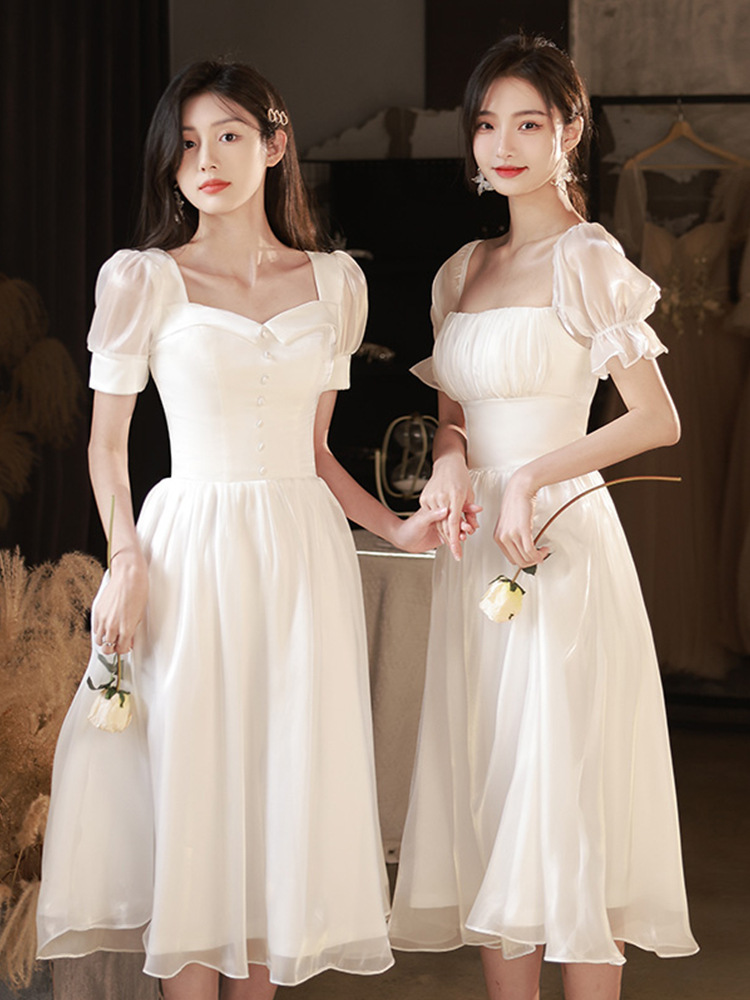 白色伴娘服2023新款秋冬婚礼姐妹团晚礼服连衣裙高级感小个子毕业
