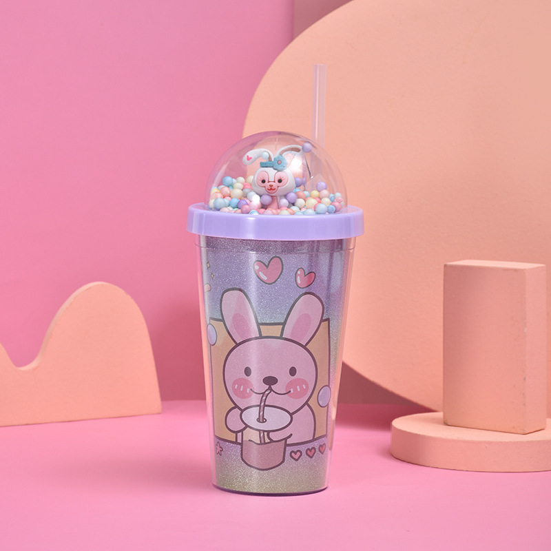 Cartoon Cute Rabbit Plastic Cup Student Girl Heart Children's Straw Cup with Colorful Beads Cover Micro Landscape Summer Ice Glass