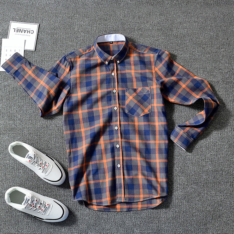 All Cotton Brushed Plaid Suitable for Junior High School and College Student Little Brother's School Style Spring and Autumn All-Matching Casual Shirt