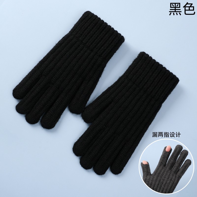 Men's Gloves Wholesale Autumn and Winter Cold-Proof Thermal Knitting Wool Fleece-lined Touch Screen Open Finger Cycling Female Student