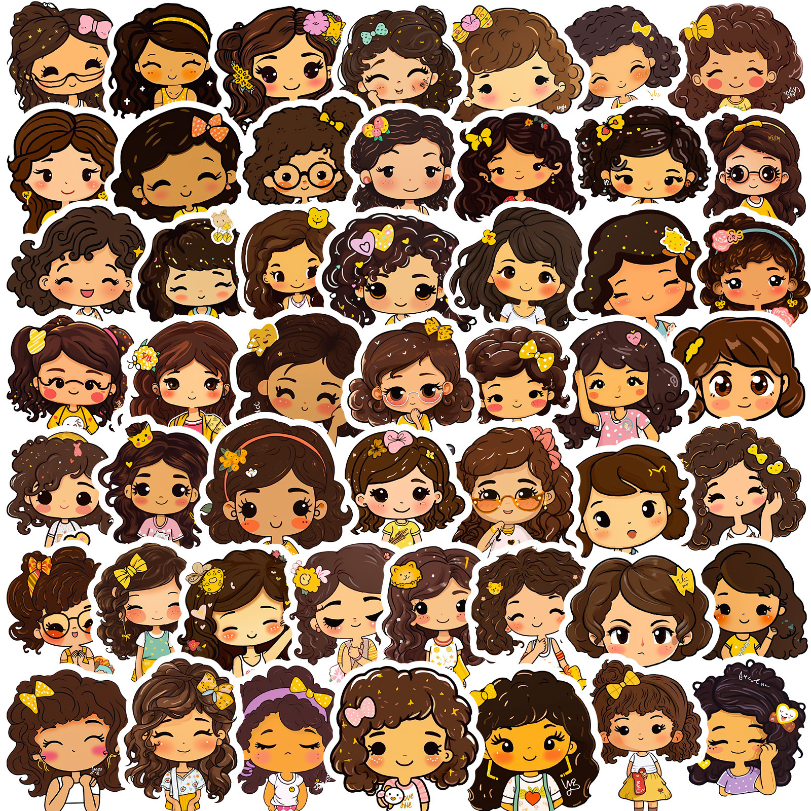 50张小女孩山竹妹妹贴纸新款卡通可爱小黑妹深色女孩学生创意贴纸