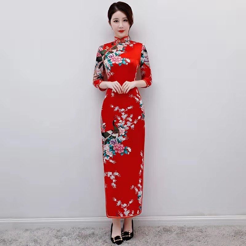 旗袍年新款中国风年轻款女走秀旗袍长款复古气质改良版连衣裙