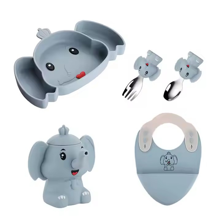 儿童餐具套装304儿童叉子勺子 带吸盘餐盘小象吃饭套装自主训练勺