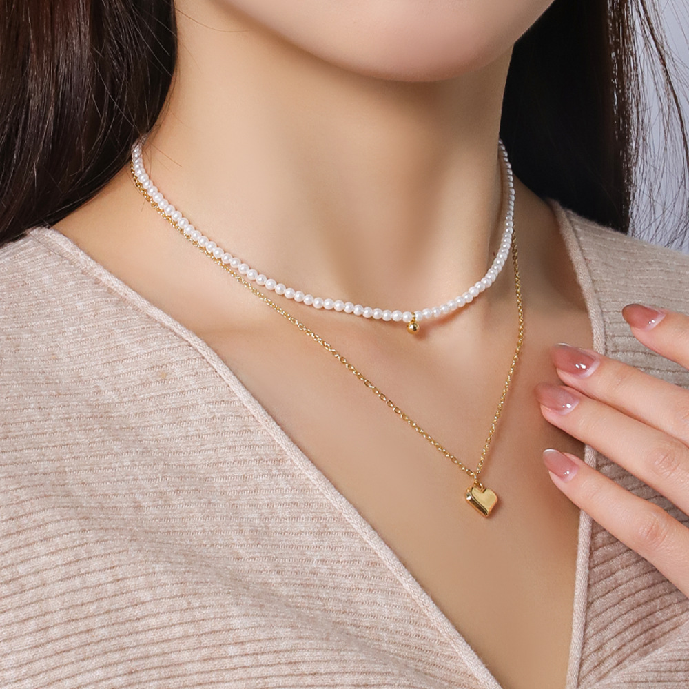 欧美珍珠项链双链条百搭小众款式金属链石爱心吊坠高级感轻奢锁骨