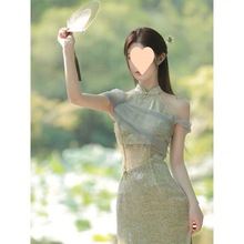 改良旗袍新中式高级感长裙气质名媛小个子显瘦仙女绿色连衣裙夏季