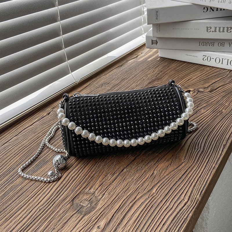 2022 Spring and Summer New Fashionable Stylish Shiny Rhinestone Underarm Women's Bag Pearl Chain Boston Portable Shoulder Bag