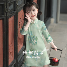 绿色女童旗袍洋派中国风洋装小女孩儿童旗袍裙中式改良童装秋季