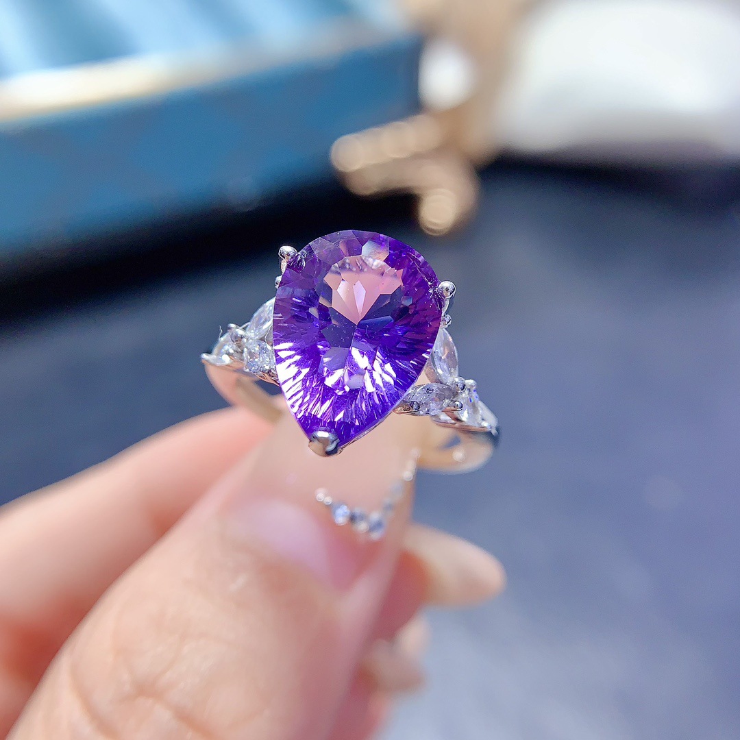 爆款精美漂亮大颗粒水滴天然紫水晶戒指925银空托10*14mm一件代发
