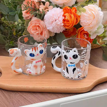 萌猫杯卡通玻璃杯家用水杯带把手可爱早餐杯耐高温高颜值杯子批发