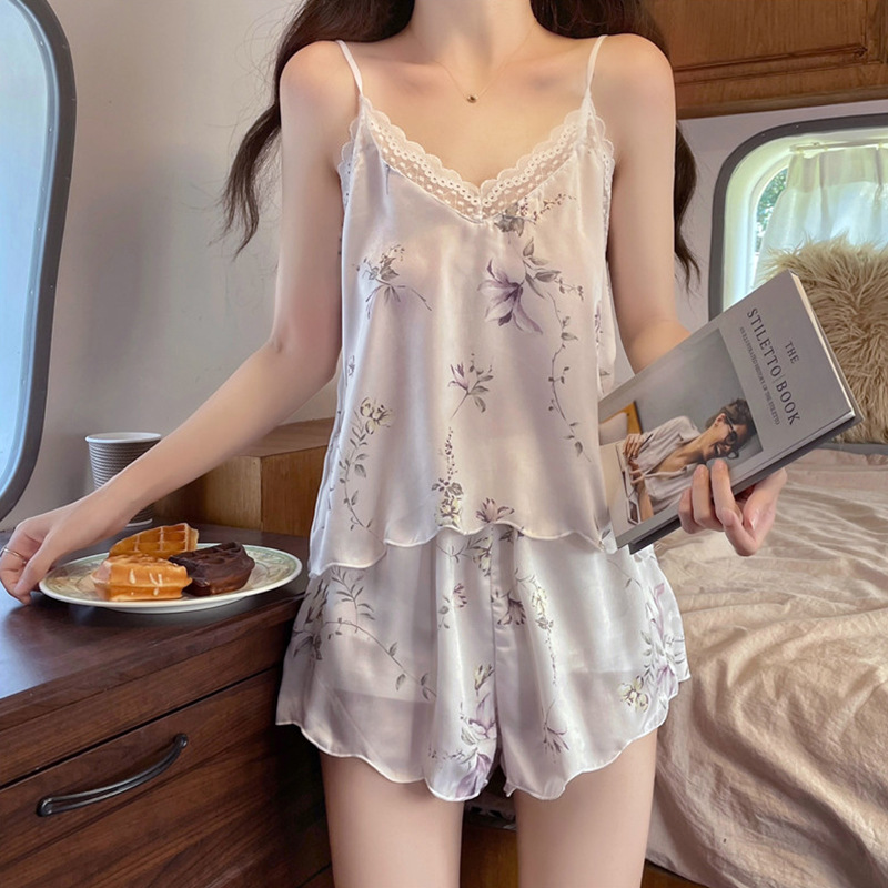 吊带短裤新款睡衣女夏季仿真丝性感蕾丝边碎花诱惑高级休闲套装