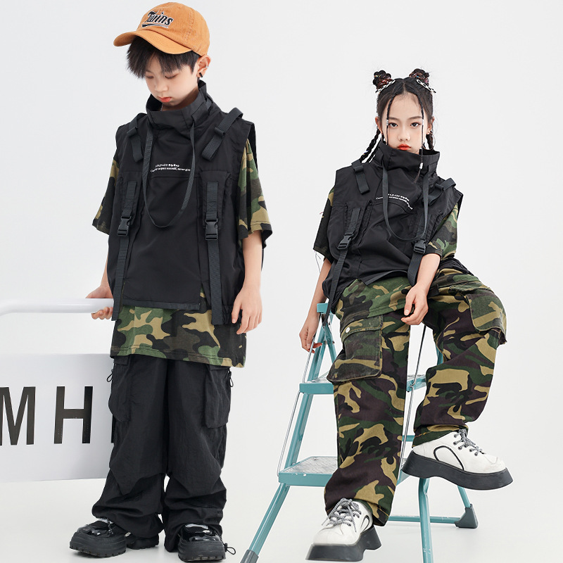街舞儿童潮服嘻哈潮牌迷彩套装机能马甲男女童少儿hiphop演出服装