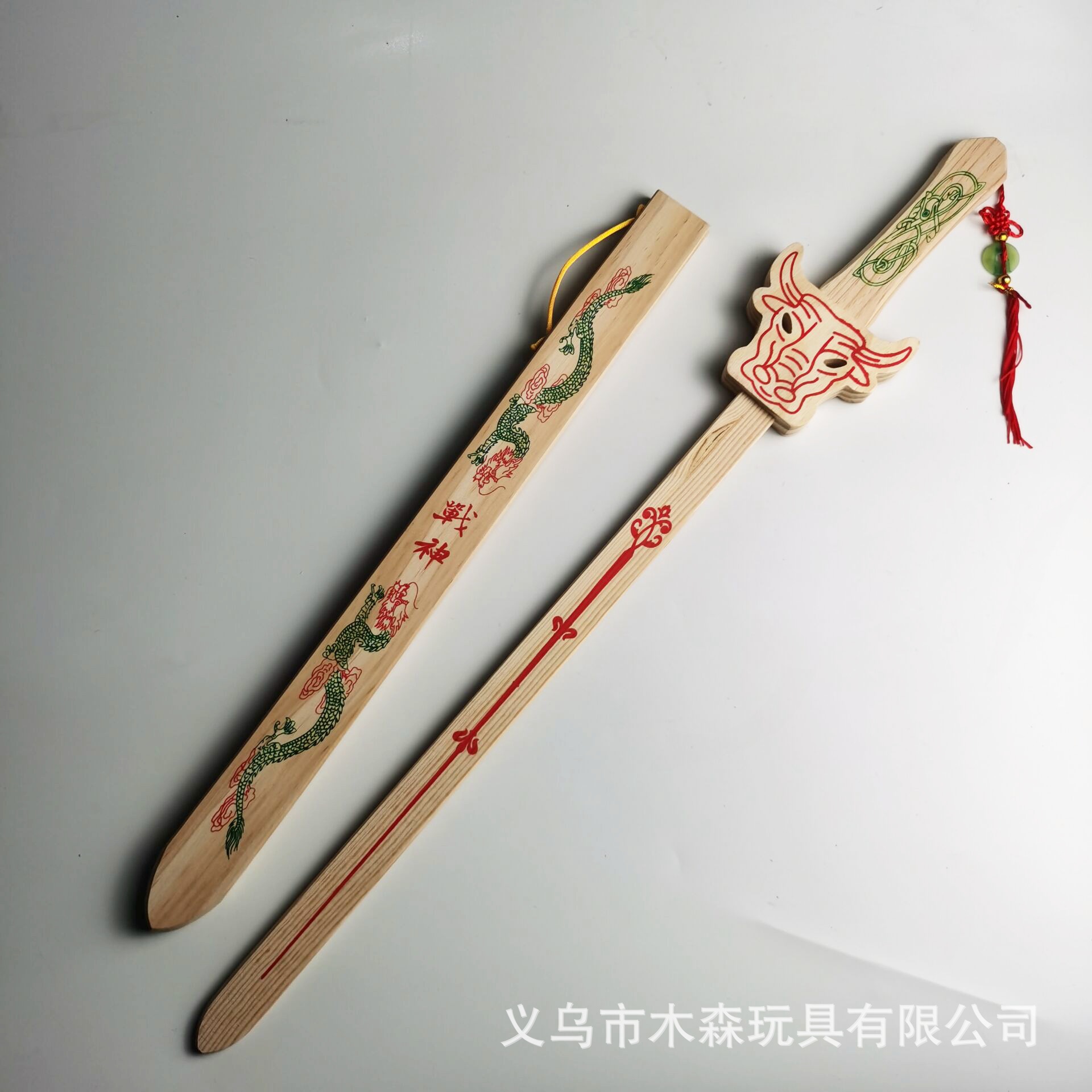全木质原木本色战神剑牛年宝剑景区工艺品刀剑玩具牛头绕带木剑