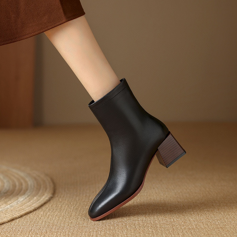 皮靴女2023秋冬新款欧美风显瘦时装靴方头羊皮切尔西靴气质瘦瘦靴