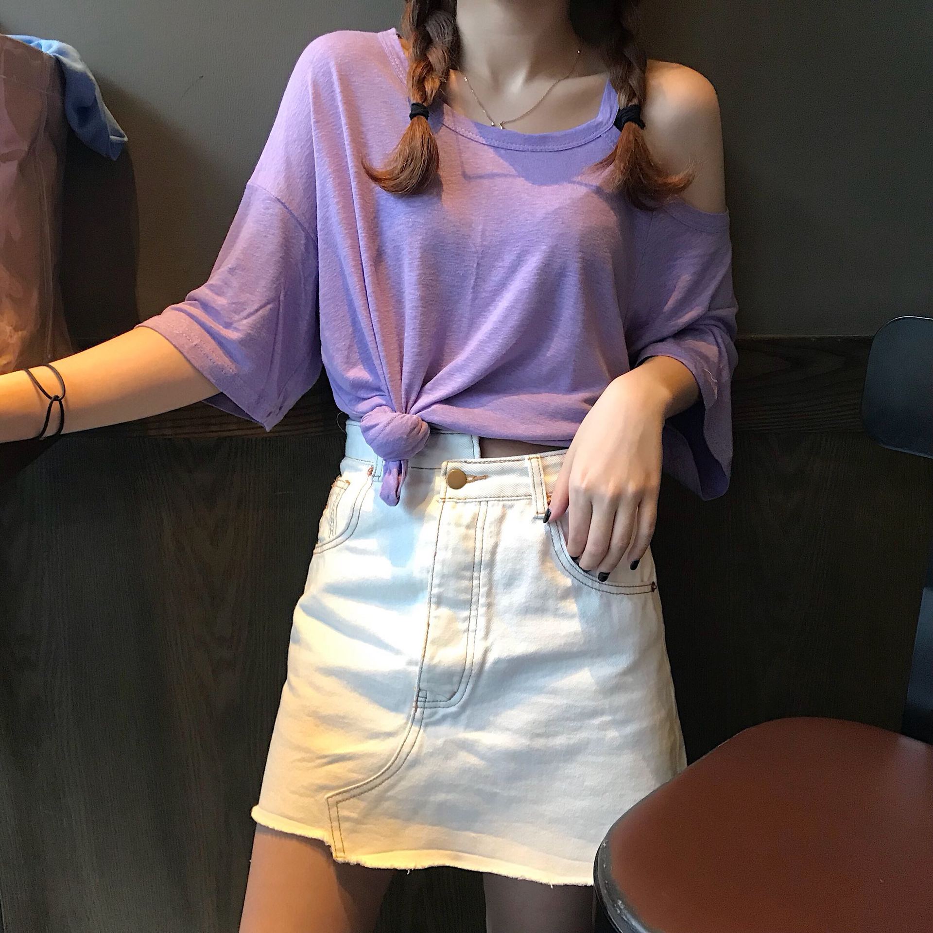 元熙yuanxi 韩国短袖t恤女夏韩版半袖宽松显瘦棉露肩小心机上衣