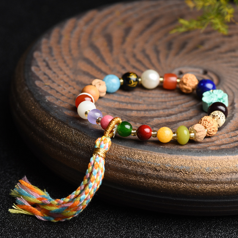 多宝文玩手串搭配金刚菩提珍珠贝手编绳彩绳流苏直播供货批发