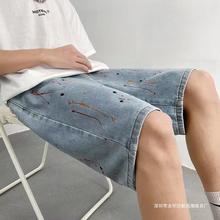 高街vibe喷漆牛仔短裤男夏季潮牌设计感小众宽松休闲复古五分裤子