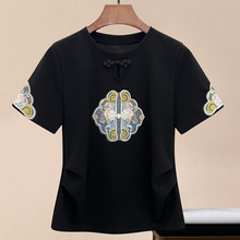 棉中式短袖T恤女2024新款夏季刺绣修身上衣国风百搭时尚盘扣显瘦