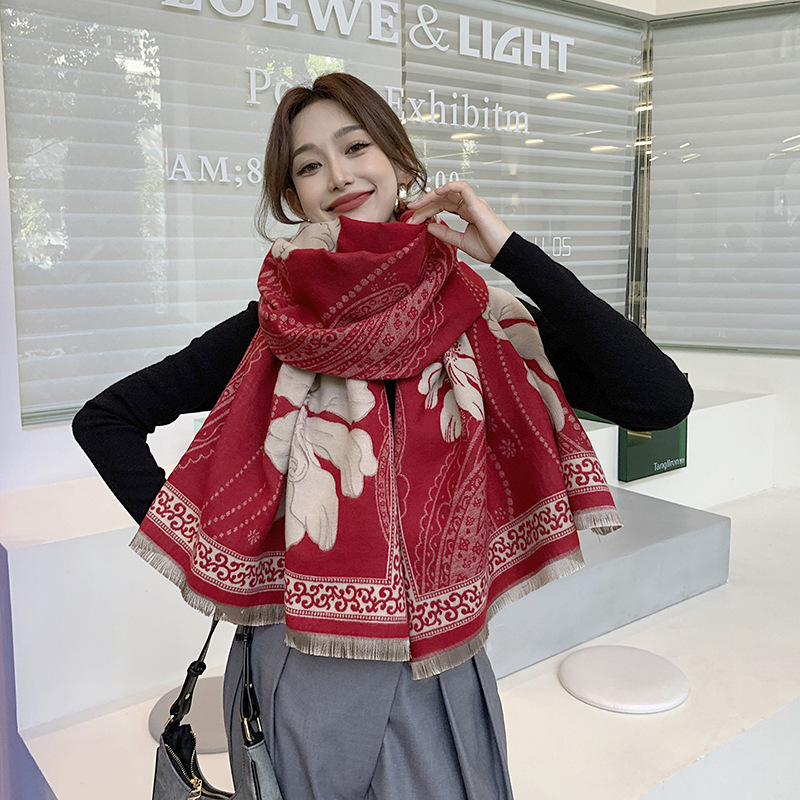 New Women's Scarf Autumn and Winter Peony Flower Scarf Thickened Double-Sided Cashmere-like Warm Talma All-Match Scarf