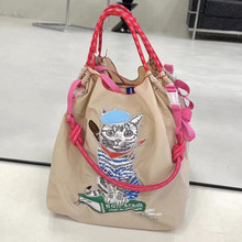 画家猫款女刺绣购物袋手拎包大容量尼龙斜挎可折叠便携手提单肩包