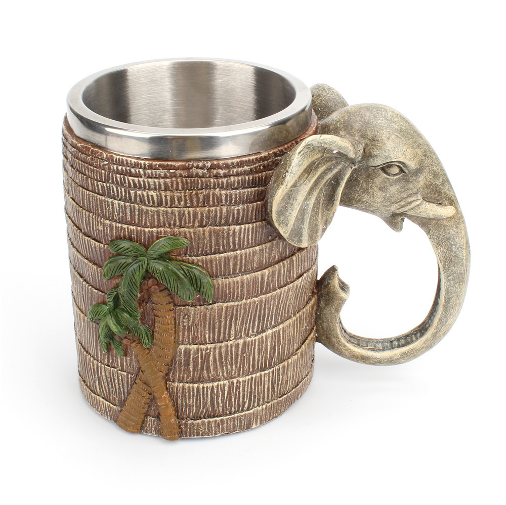 新款立体热带雨林大象杯304不锈钢内胆树脂马克杯创意家居日用品