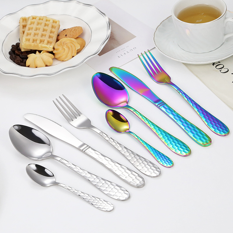 Water Cube Knife, Fork and Spoon Four-Piece Set Foreign Trade Hot Selling Stainless Steel Western Food Knife, Fork and Spoon Titanium Plated Magic Color Creative Knife, Fork and Spoon