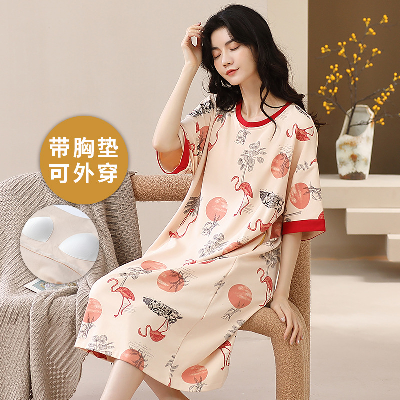 Yanzhixiang Summer New Ladies Belt Chest Pad Nightdress Knitted Cotton Short Sleeve round Neck Mid-Length Women's Home Dress