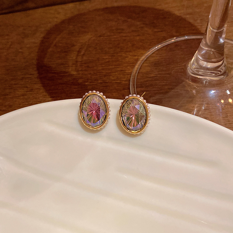 niche high-grade oval pearl earrings sterling silver needle hong kong style retro all-matching graceful color zircon earrings