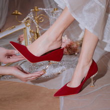 媚爱婚鞋 新娘秀禾婚鞋2022年女新款红色高跟鞋绒面细跟敬酒单鞋