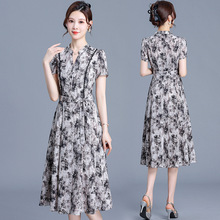 气质优雅印花连衣裙女夏季2024年新款韩版系带修身中长款短袖裙子