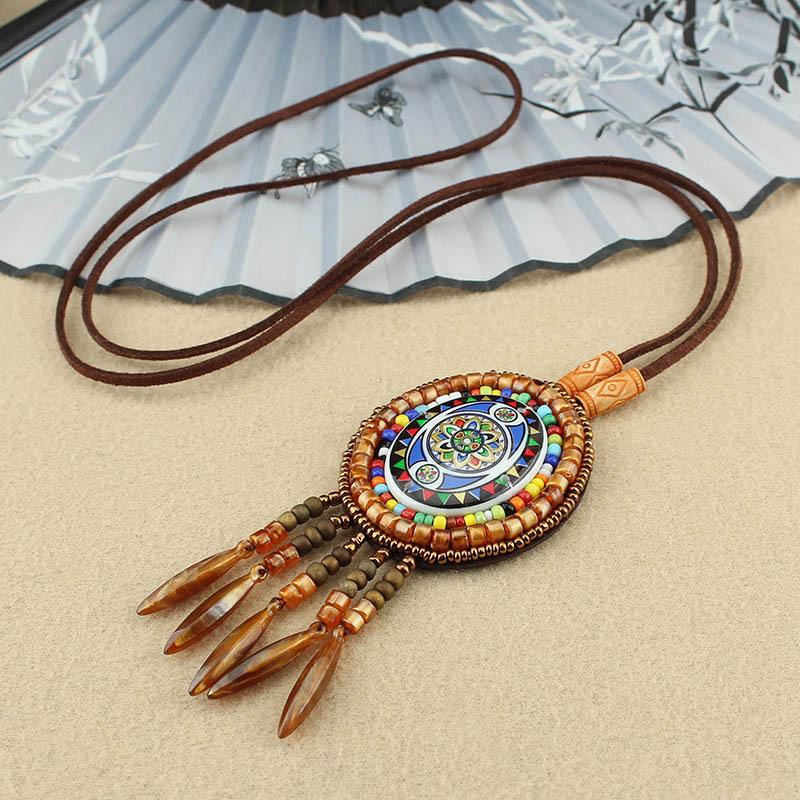 Retro Ethnic Style Necklace Long Bohemian Sweater Chain Men and Women All-Matching Pendant Tassel Pendant Cotton and Linen Accessories