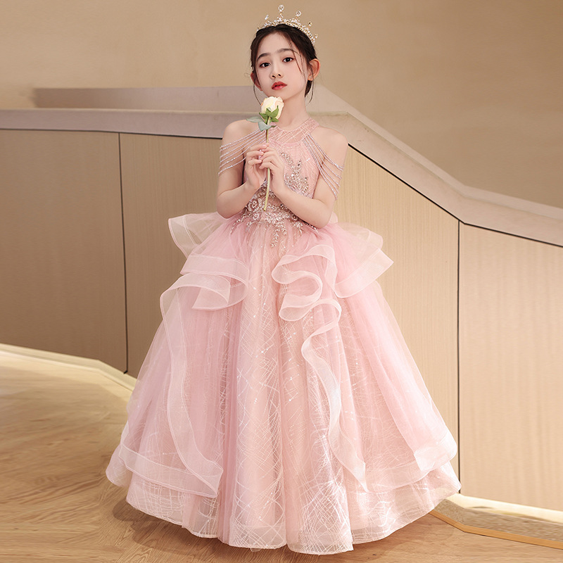 女童晚礼服轻奢小众高端粉色公主裙儿童走秀主持人钢琴演奏演出服
