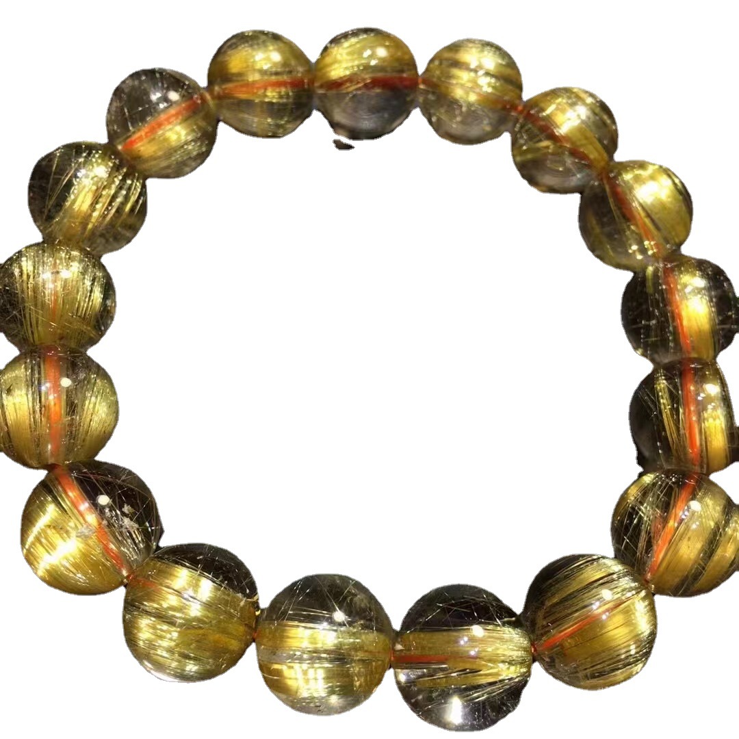 Natural Gold Rutilated Quartz Single Ring Bracelet Smooth Hair Rutile Cat's Eye Bracelet Men's and Women's Yellow Hair Crystal Hair Jewelry Gift Temperament