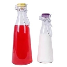 手提式牛奶瓶锥型卡扣瓶透明玻璃饮料瓶冰桔茶瓶酵素瓶现货批发