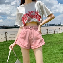 网红粉色腰牛仔短裤女夏2024年显瘦宽松阔腿辣妹潮