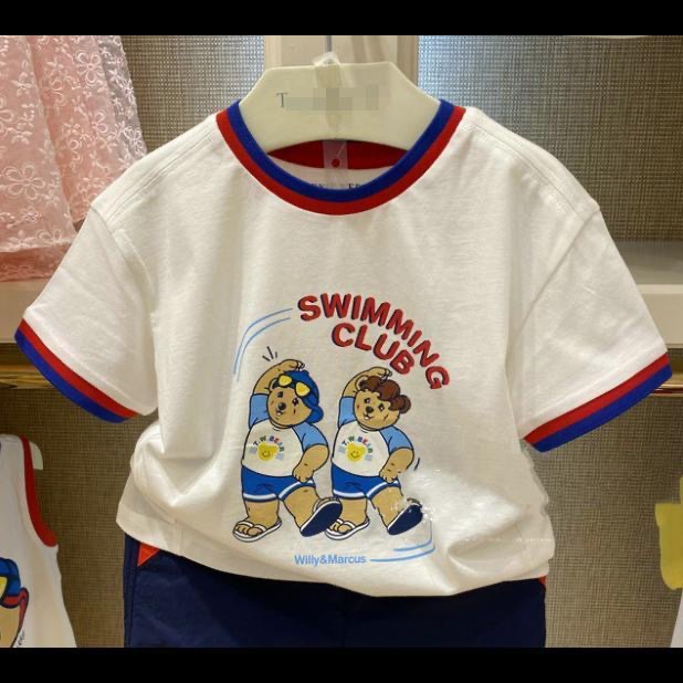 tw韩版小熊夏季男童纯色2只小熊印花纯棉质感柔软透气撞色百搭t恤