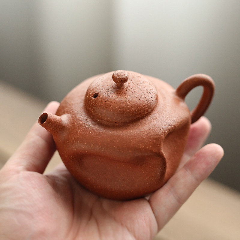 潮州手拉壶 手捏凹凸朱泥壶 全手工泡茶壶120ml 紫砂壶老原矿拙朴