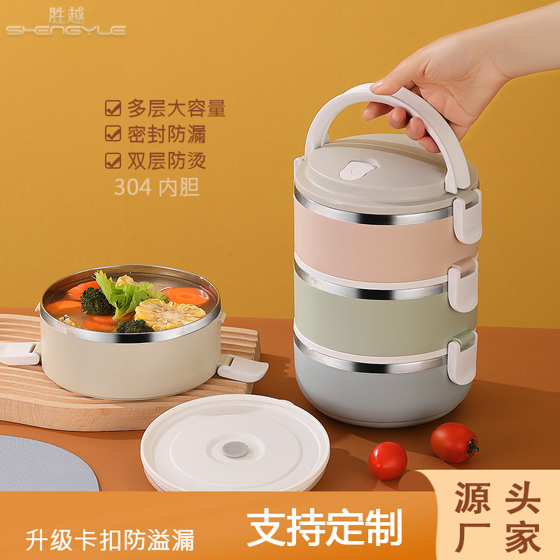 Stainless Steel Lunch Box Thermal Insulation Meal Box with Lid Office Worker Large Capacity Bento Box round Portable Compartment Portable Pan Three Layers