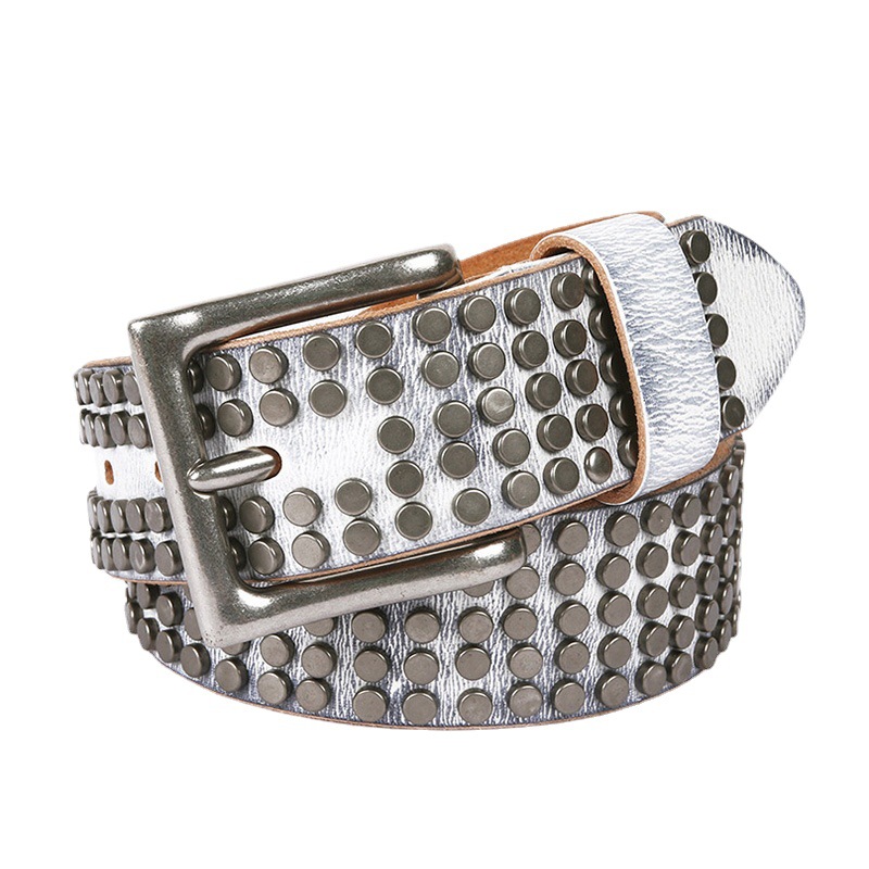 派克酷诗 新款小圆钉皮带 男女款白色针扣中性头层牛皮嘻哈腰带