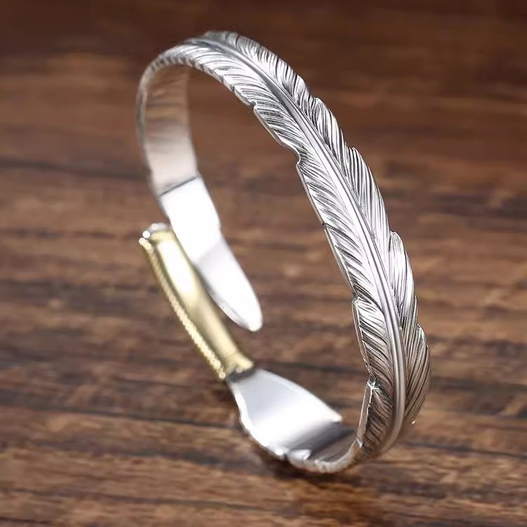 999足银羽毛手镯男潮复古高桥吾郎开口纯银情侣手环银镯子送男友