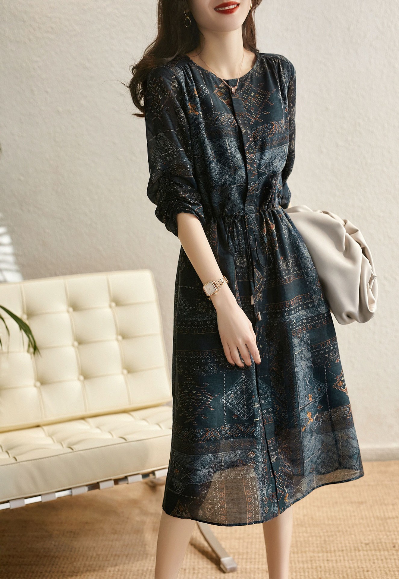 清仓捡漏一线品牌专柜商场撤回剪标女装印花七分袖收腰雪纺连衣裙